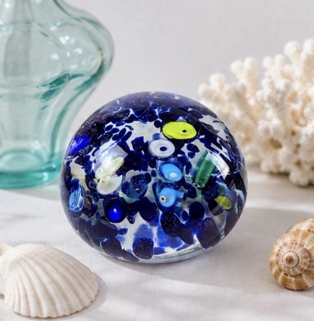 Vintage Murano Art Glass Paperweight Blue Ocean Fish Tide Pool Millefiori 4”